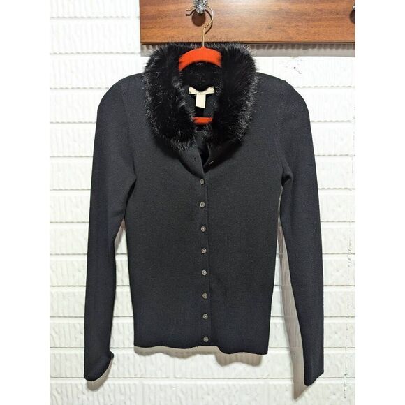 Banana Republic Women's Black Button Front Stretchy Knit Cardigan Faux Fur Colla - Picture 1 of 6